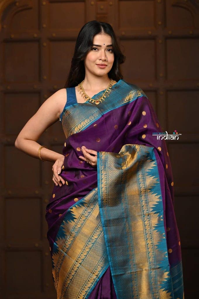 Parampara Revival ~ Gadwal Pure Silk Handloom Saree in Purple with Light Blue Border view 2