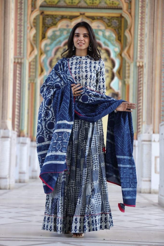 Cotton Lehanga Handblock Printed Light Periwinkle Blue Color and Top With Mulmul Dupatta (Size 34-46)-6077