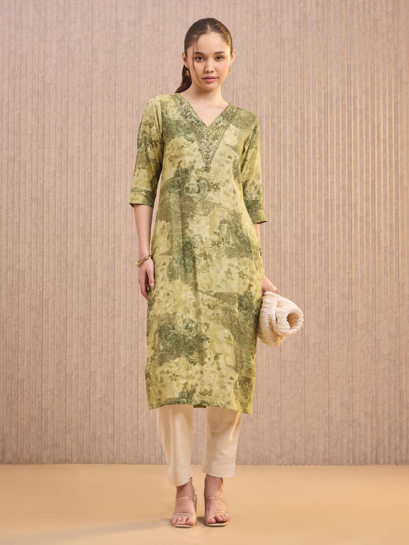 Green Modal Chanderi Foil Printed Kurti With Sequins Work