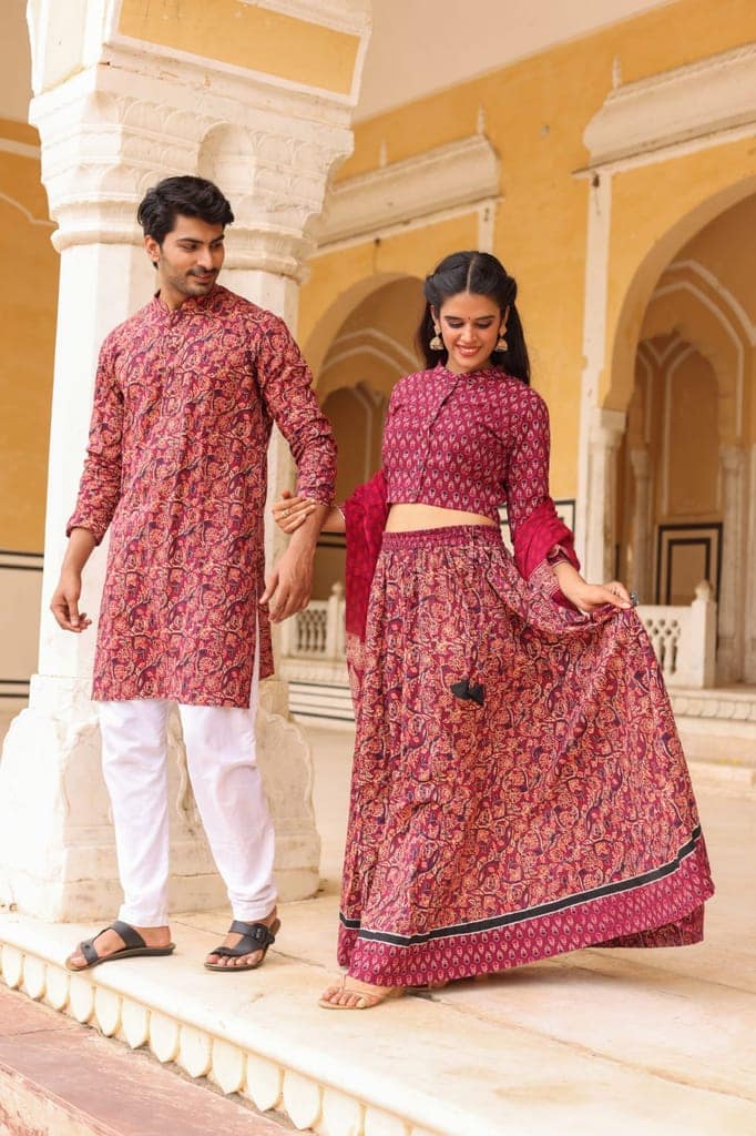 Handblock Printed Cotton Lehanga with Mulmul Dupatta and Kurta Pyjama Combo (Size: 32-46) Rose Red Color-5679 view 2