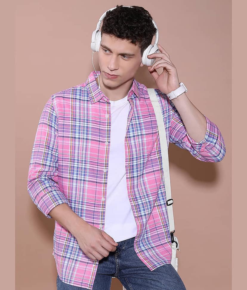 Highlander Cotton Blend Slim Fit Checks Full Sleeves Men's Casual Shirt - Pink ( Pack of 1 )