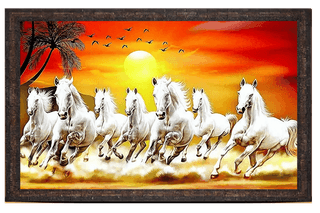 7 Running White Horses Sunset Framed Wall Painting, Vastu Art for Home Decor