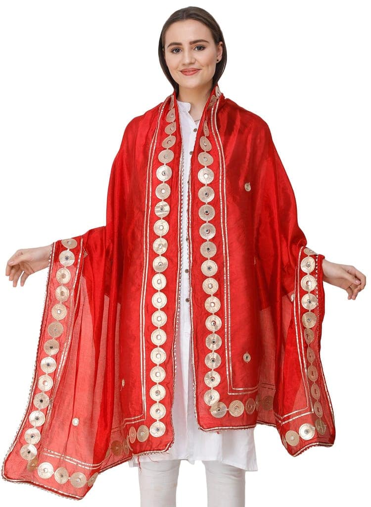 Rococco-Red Dupatta from Amritsar Embellished with Patch Border view 2