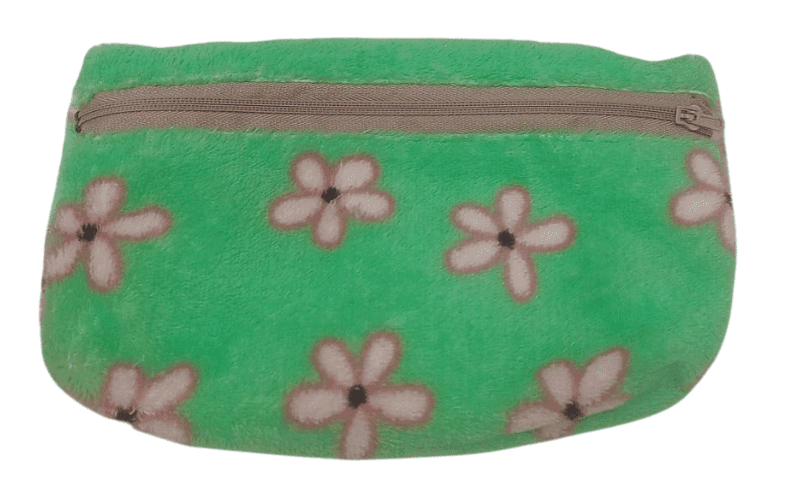 Green plush floral coin purse with white flowers and a grey zipper.