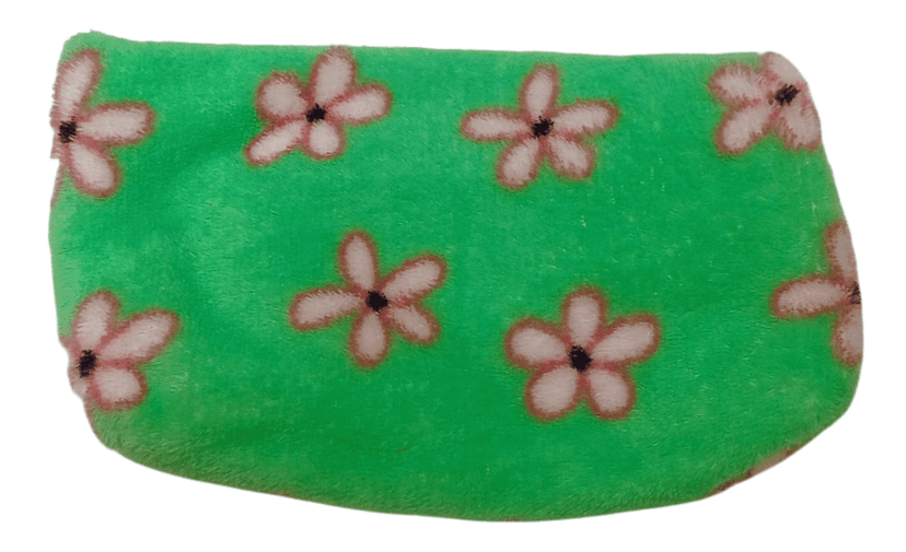 Green plush floral coin purse with white flowers and a grey zipper. view 3