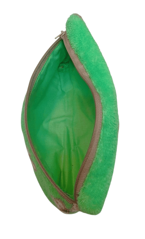 Green plush floral coin purse with white flowers and a grey zipper. view 4