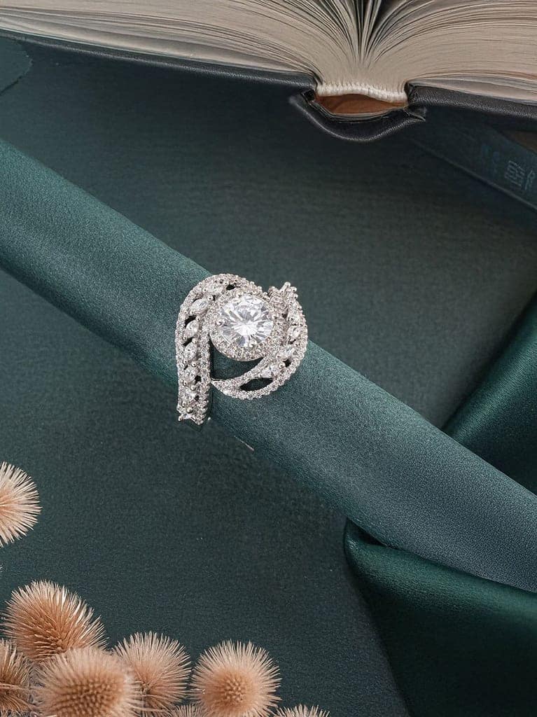White Rhodium Cubic Zircon Studded Marriage Propose Adjustable Cocktail Finger Ring