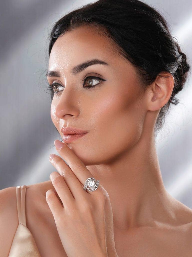 White Rhodium Cubic Zircon Studded Marriage Propose Adjustable Cocktail Finger Ring view 2