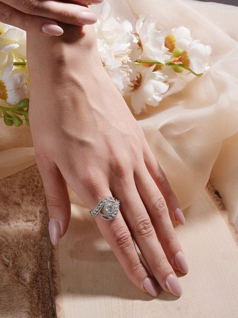 White Rhodium Cubic Zircon Studded Marriage Propose Adjustable Cocktail Finger Ring view 3