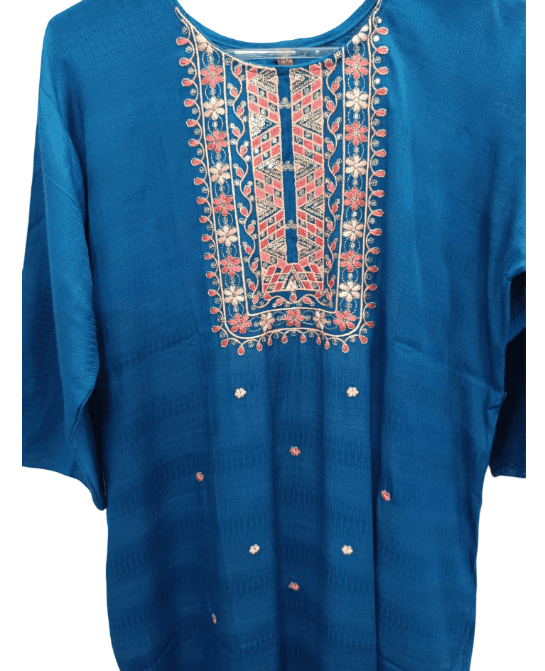 Elegant Blue Embroidered Women's Kurta with Neckline Detailing & 3/4 Sleeves view 3