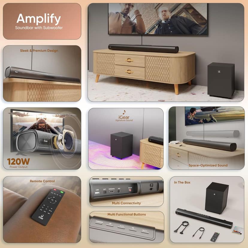 iGear Amplify 120W Soundbar with Subwoofer - Bluetooth v5.3, iGear Signature Sound, HiFi Bass, Smart Control Panel, Remote Control view 5