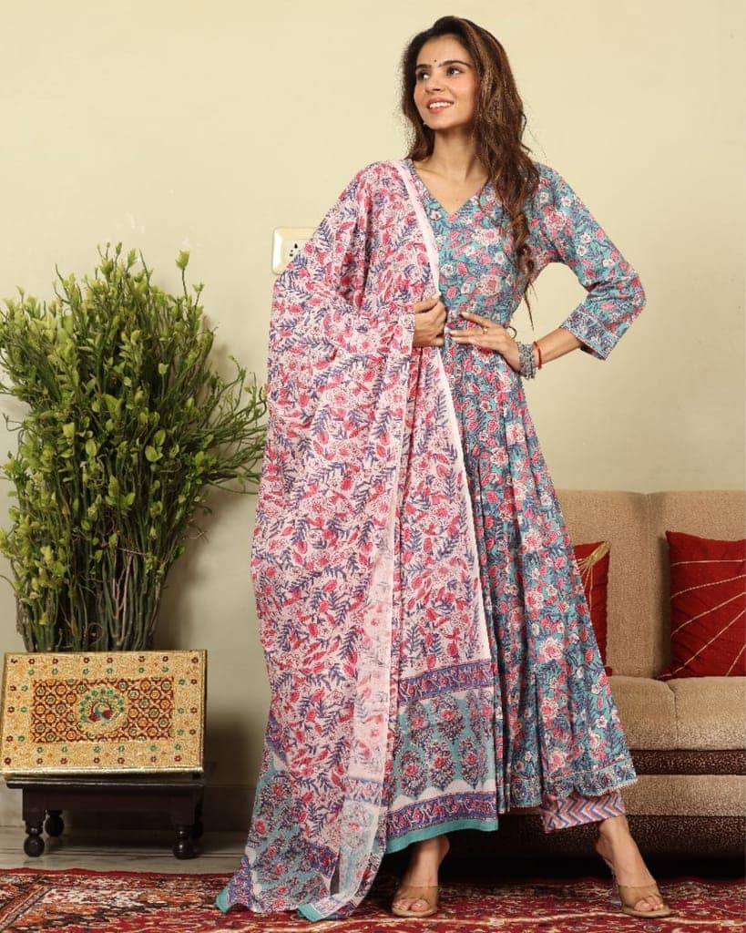 Anarakali Kurti Set Sky Blue Color Bagru Handblock print with Mulmul Dupatta-1454 view 2