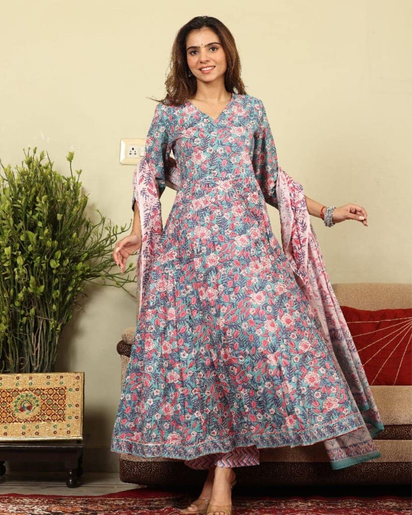 Anarakali Kurti Set Sky Blue Color Bagru Handblock print with Mulmul Dupatta-1454 view 4