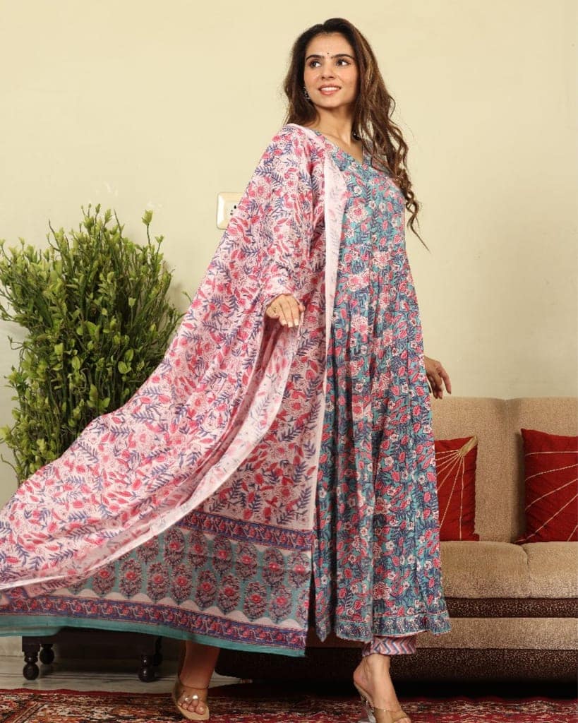 Anarakali Kurti Set Sky Blue Color Bagru Handblock print with Mulmul Dupatta-1454 view 5