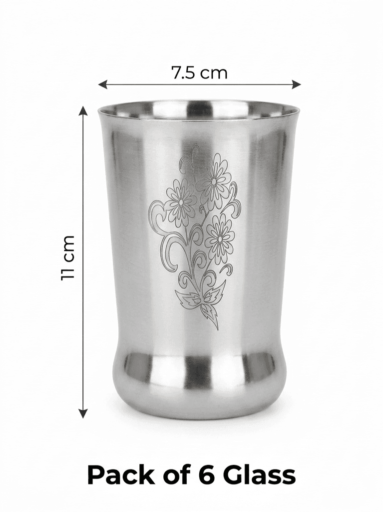 WEKTU Royal Floral Engraved Stainless Steel Water Glass Set of 6 view 2