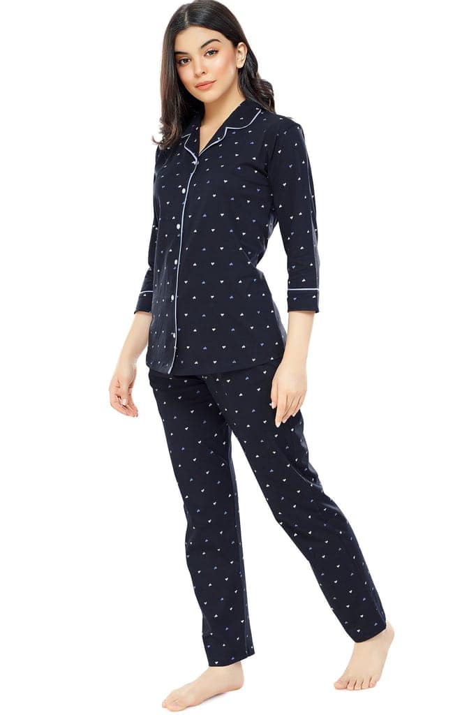 ZEYO Women's Cotton Navy Blue Heart Printed Stylish Night suit set view 4