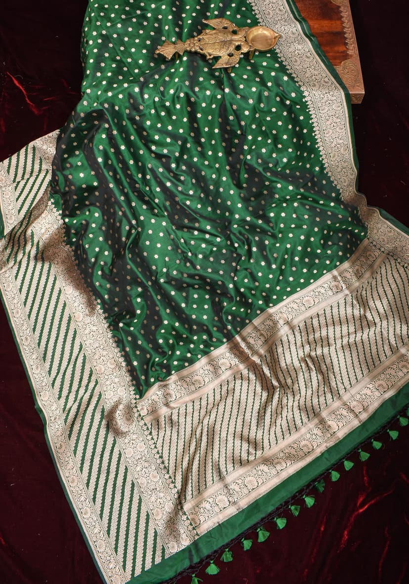 Bottle Green Banarasi Katan Silk Saree with Chunri Butis and Skirt Border | SILK MARK CERTIFIED