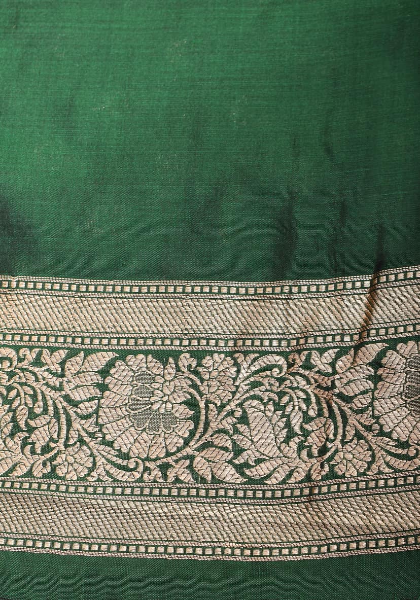 Bottle Green Banarasi Katan Silk Saree with Chunri Butis and Skirt Border | SILK MARK CERTIFIED view 8