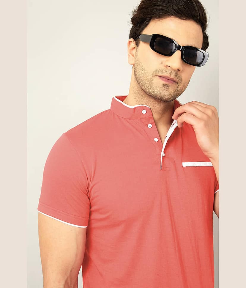 AOOSH Cotton Blend Regular Fit Solid Half Sleeves Men's Mandarin Collar T-Shirt - Olive ( Pack of 1 ) view 2