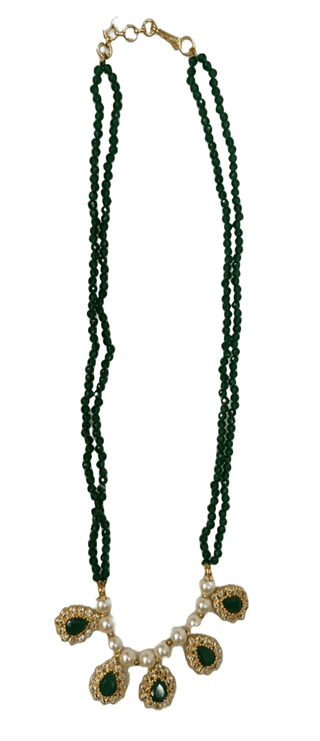 Green Beaded Necklace with Pearls and Gold Accents