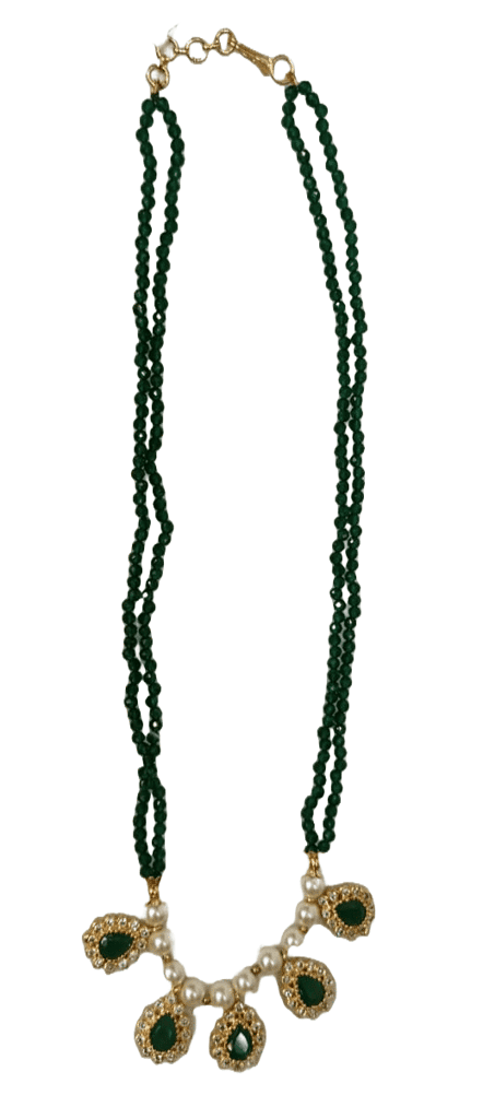 Green Beaded Necklace with Pearls and Gold Accents