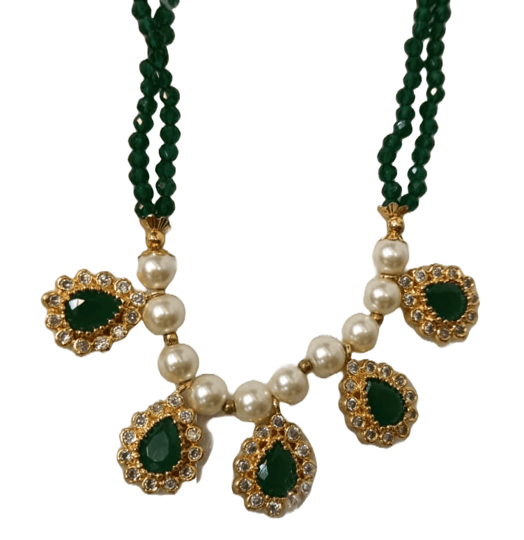 Green Beaded Necklace with Pearls and Gold Accents view 2