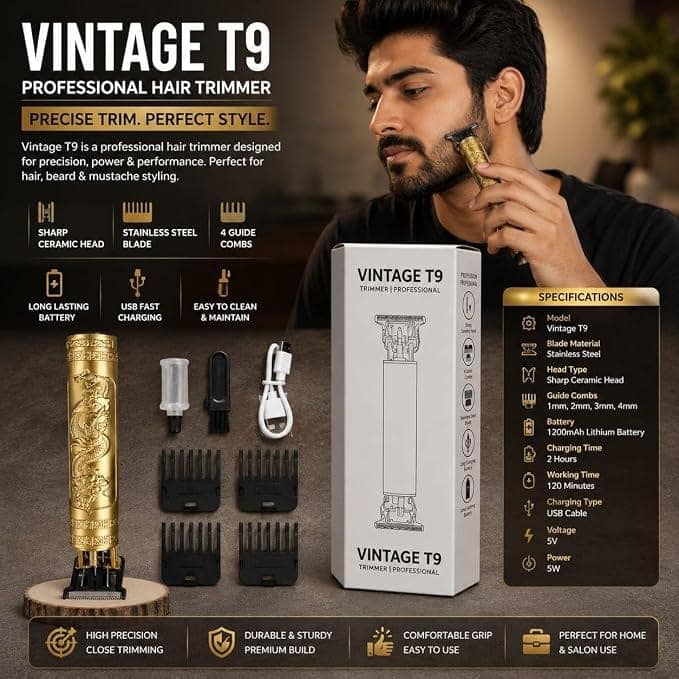 T9 Vintage Professional Hair Trimmer For Men –Golden Body,Cordless,4 Guide Combs,USB Rechargeable,Men'S T9 Golden –Zero Gap Beard & Hair Clipper With Guide Combs view 4