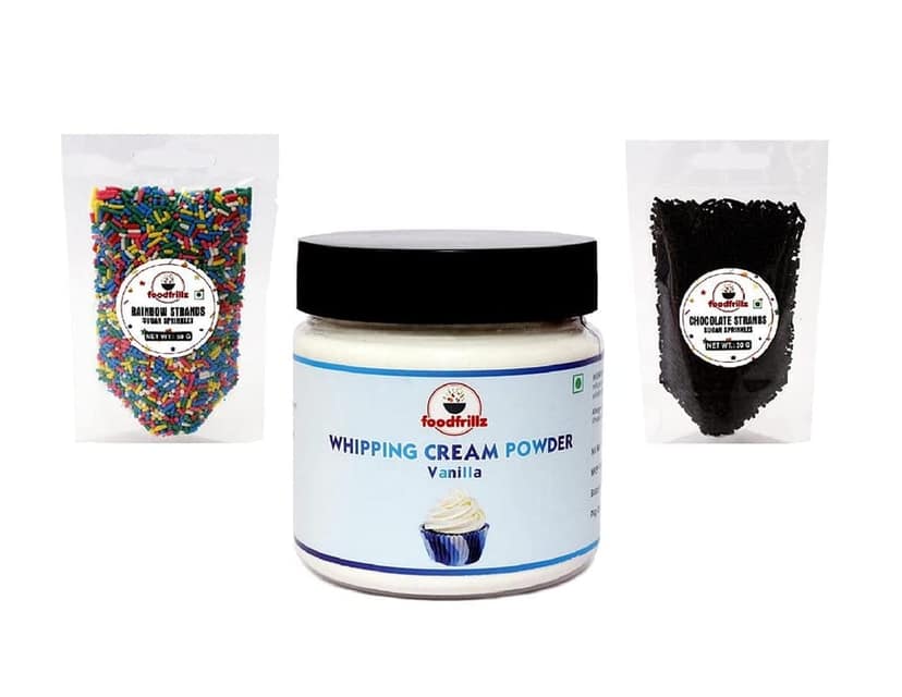 foodfrillz Whipping Cream Powder - All-purpose/Vanilla (100 g) + Rainbow Sprinkles (50 g) + Chocolate Strands Sprinkles (50 g) Combo of 3