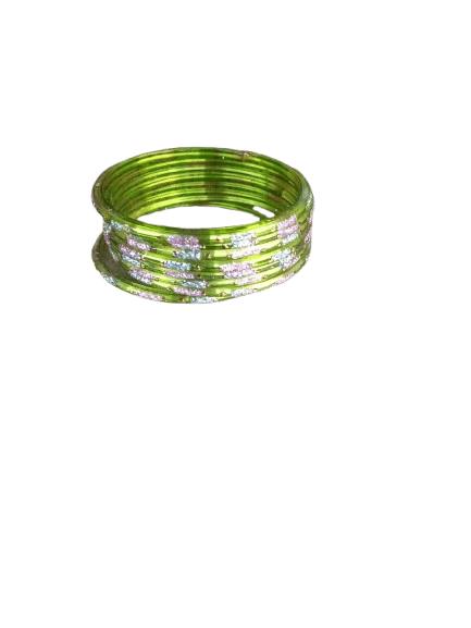 Treditional Green Glass Bangles of white stones set of 12