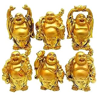 Feng Shui Golden Set Of Laughing Buddha 6 Pc Set