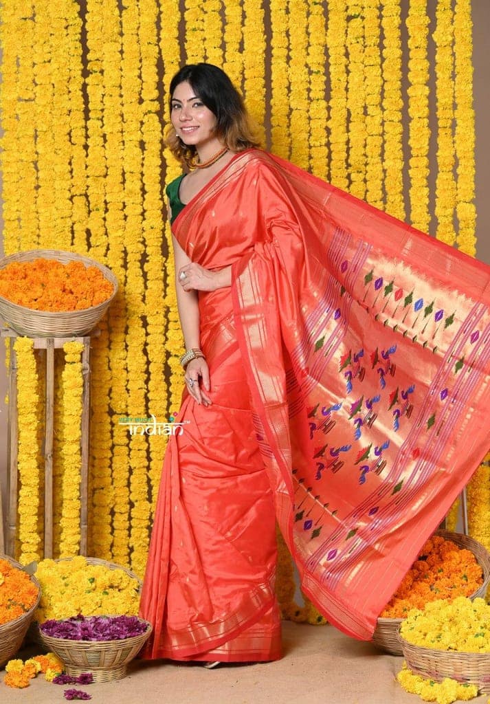Rajsi~Handloom High Quality Pure SIlk Paithani With Most Traditional Double Pallu~ Peach Red view 2