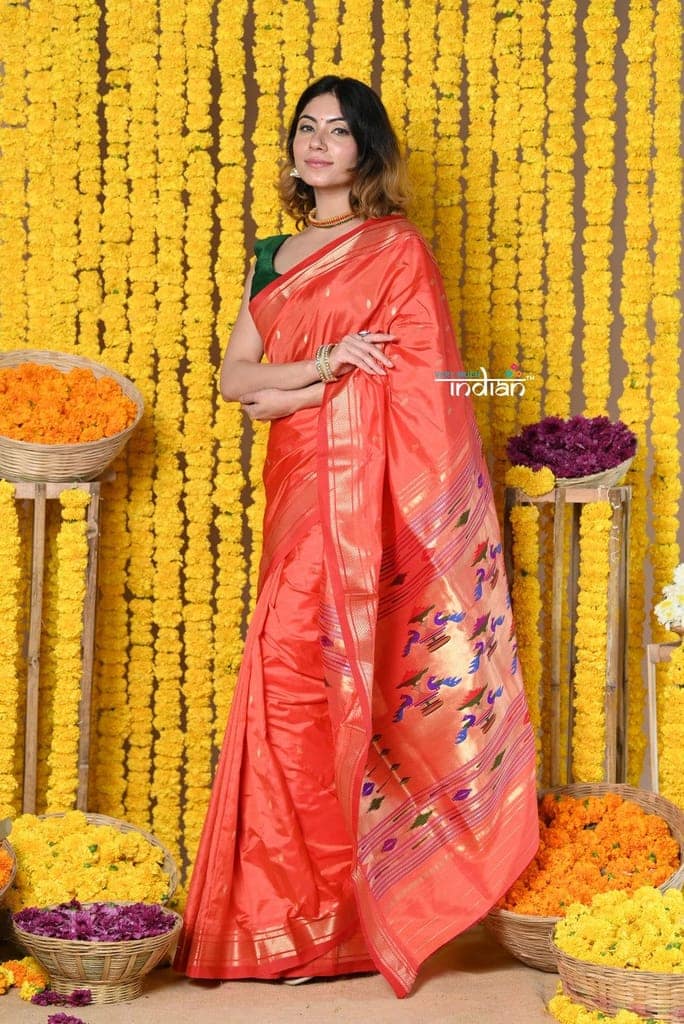 Rajsi~Handloom High Quality Pure SIlk Paithani With Most Traditional Double Pallu~ Peach Red view 4
