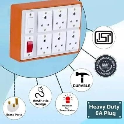 Extension Board Heavy Duty 6 Anchor Socket | 1 Switch, 1 Indicator, 3-Pin Plug with 1.5mm Copper Cable view 4