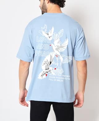 SCOTT FINCHER Men's "Love and Peace" Short-Sleeve T-Shirt in Light Blue with a Flock of Doves Graphic : AA(ARN)LBLUE_217