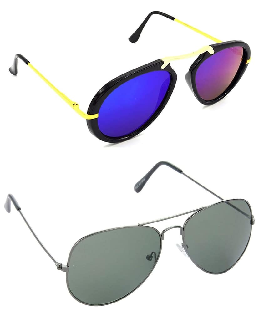 HRINKAR Unisex Wrap-around Sunglasses Golden & Grey Frame, Pink & Green Lens (Medium) - Pack of 2