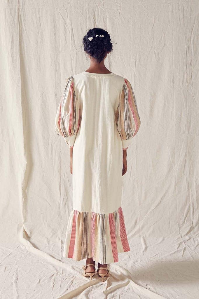 Maxi Trapeze Dress In Off White Cotton Khadi Mulmul view 3