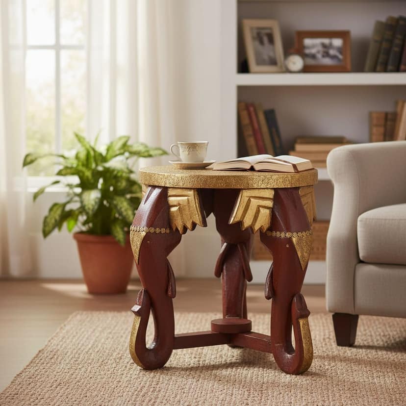 Wood Brass Elephant Coffee Table-End Table