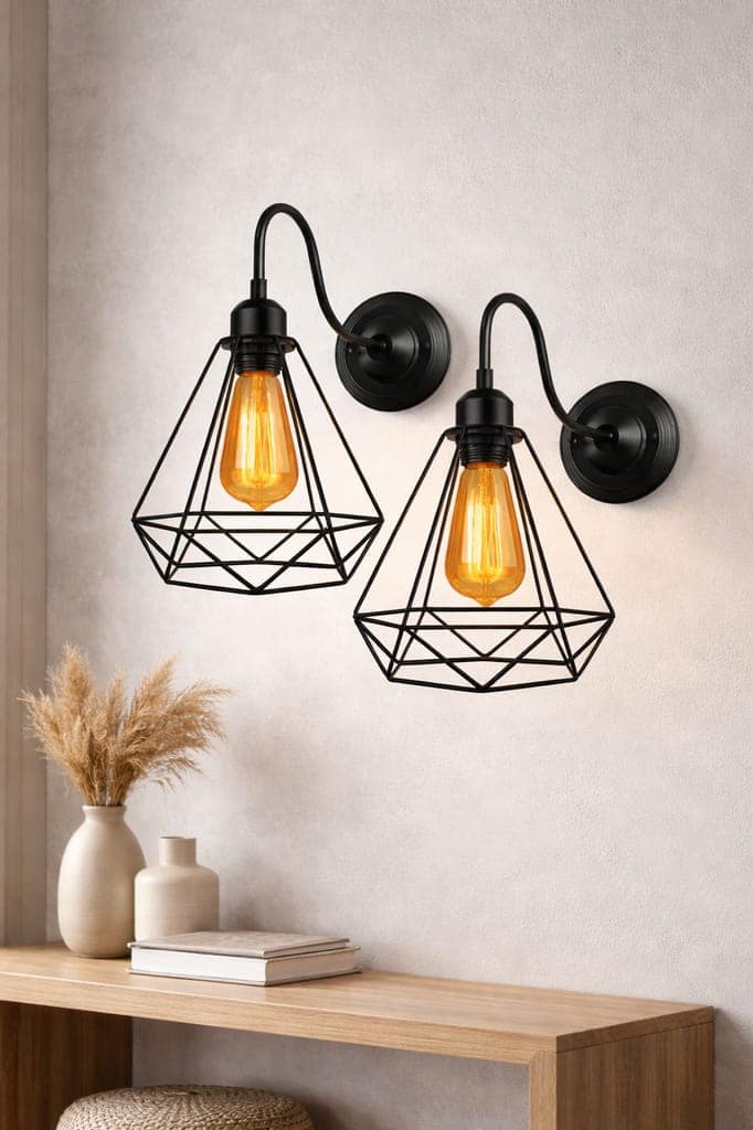 SPARKWORLD Antique Wall Decorative Diamond Cage Pendant Hanging Light for Indoor, Outdoor - ST64 Filament Bulb Included (Black, Metal) - Pack of 2