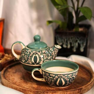 Handcrafted Ceramic Teapot and Cup Set-Elegant Green and White Floral Design view 2