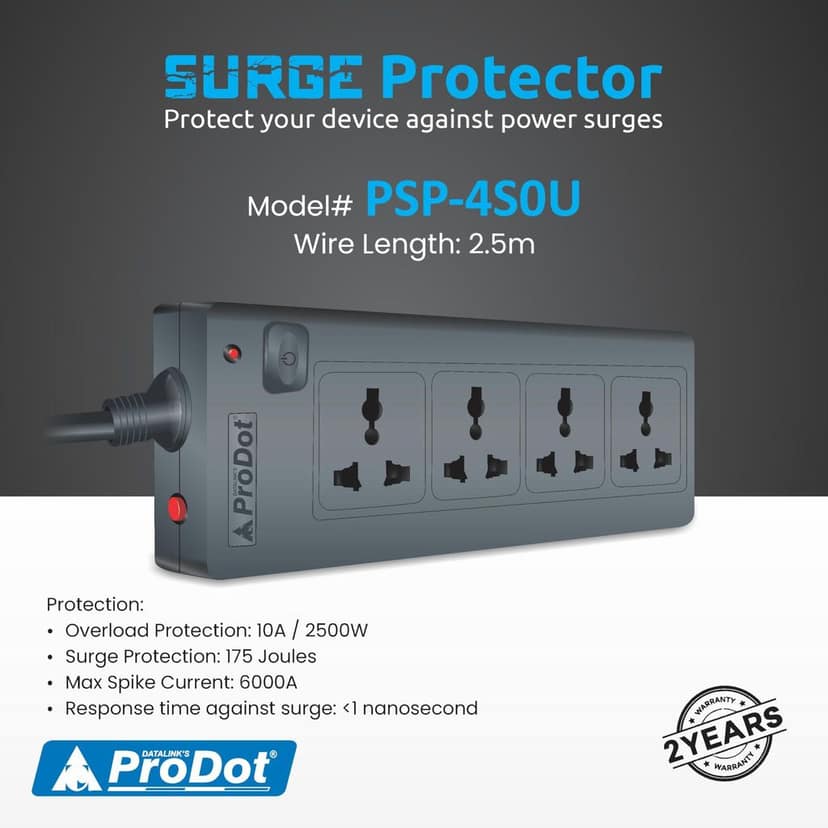 PRODOT Power Spike Guard, Strip Surge Protector with Master Switch and 4 Outlets, Heavy Duty Extension Cord for Home, Office, Travel & Phone Charging view 2