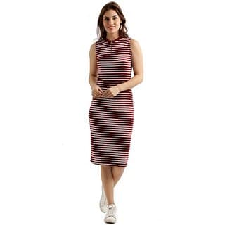 Miss Chase Women's Maroon and White Round Neck Sleeveless Striped Bodycon Dress