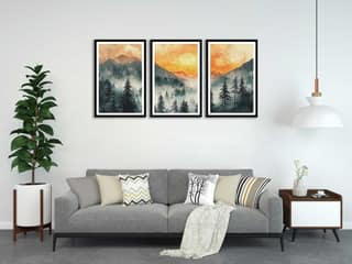 SUNSET FOREST LANDSCAPE PAINTINGS 48in X 24in WITH BLACK FRAME