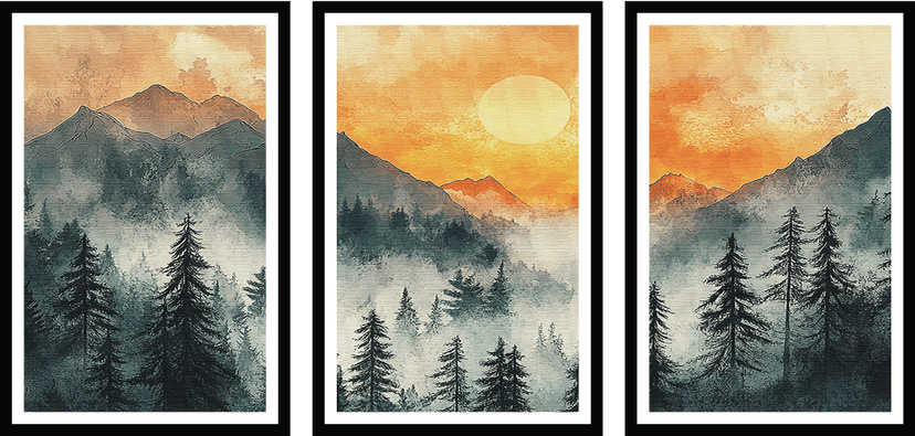 SUNSET FOREST LANDSCAPE PAINTINGS 48in X 24in WITH BLACK FRAME view 2