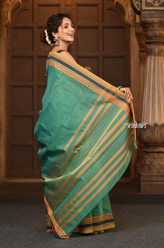 Parampara ~ Cotton Blend Saree in Regal Sea Green with Zari Border & Pallu view 4