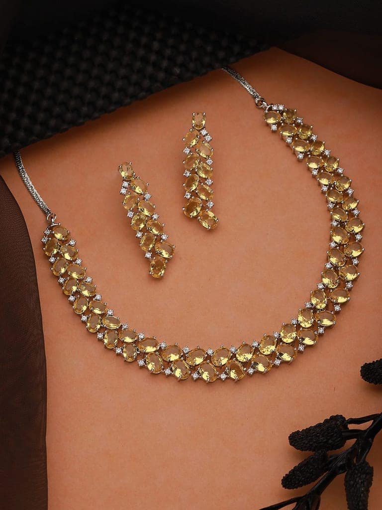 Silver Toned Yellow AD Studded Minimal Designer Jewellery Set view 2