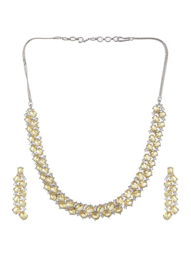 Silver Toned Yellow AD Studded Minimal Designer Jewellery Set view 3