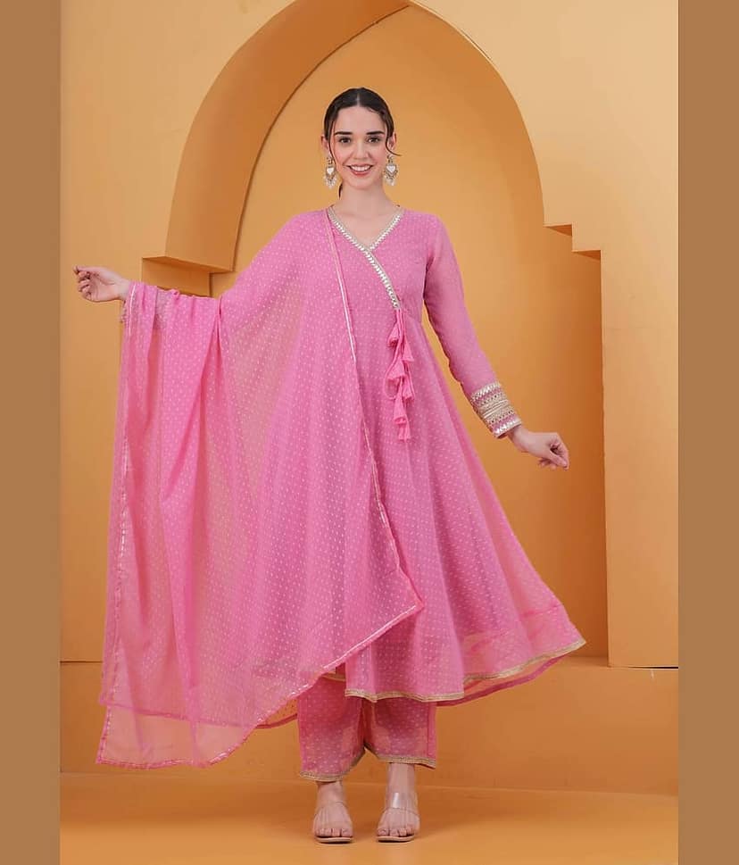 HIGHLIGHT FASHION EXPORT Women Georgette Self Design Angrakha Kurti With Pants ( Pink )
