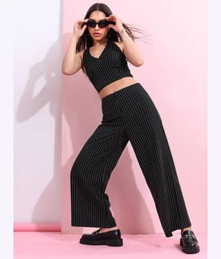 Tokyo Talkies Women Striped Top With Trousers Co-Ord Set ( Black )