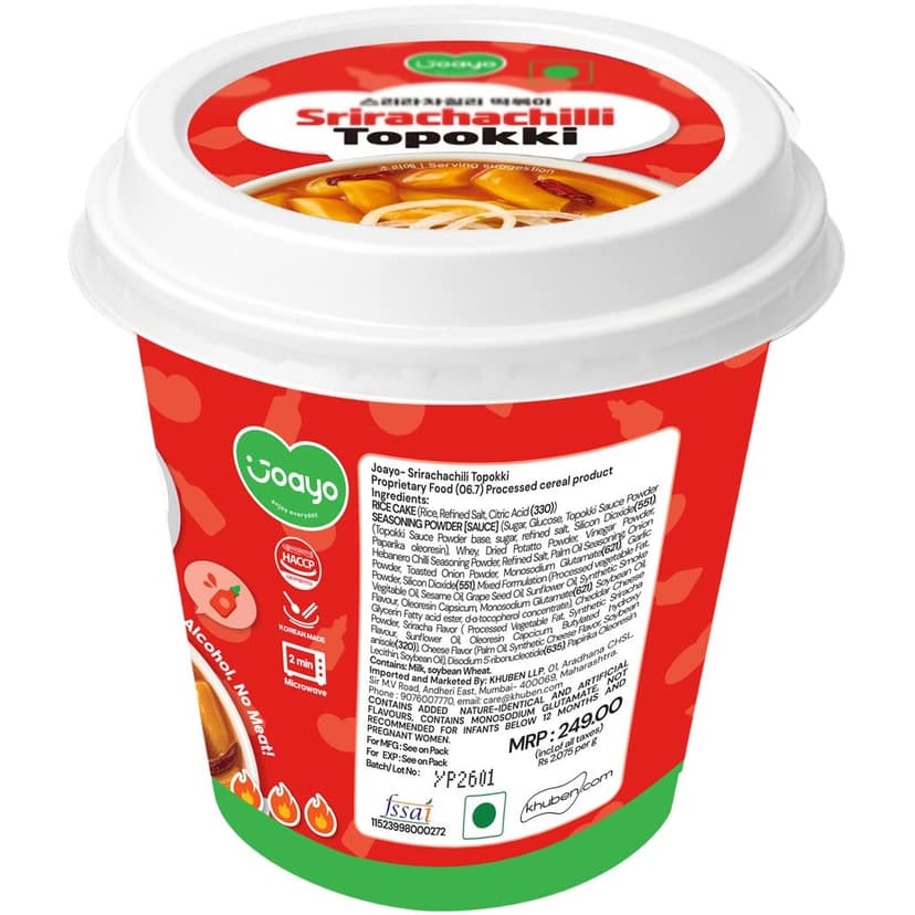 Joayo Srirachachili Topokki Instant Rice Cakes with Rich & Spicy Flavorful Savory Sauce 120g Rice Teokboki, Vegetarian (Made In Korea) view 4