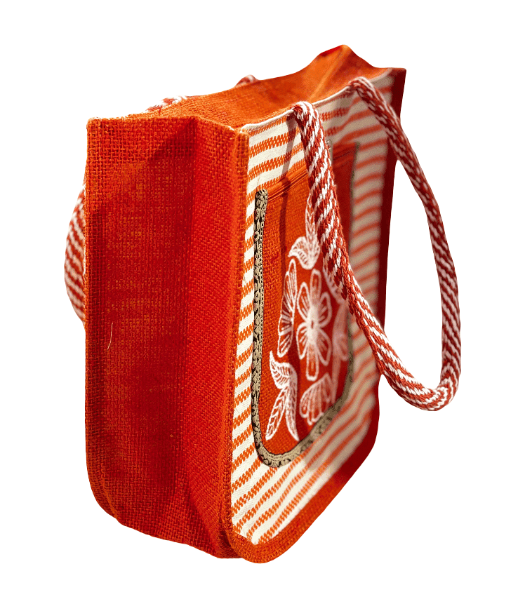 Orange Striped Jute Tote Bag with Floral Embroidery(T) view 2